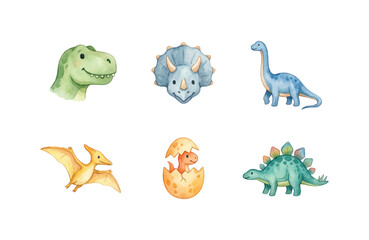 Watercolor Dinosaur Icon Set Isolated on White Background © Dwi