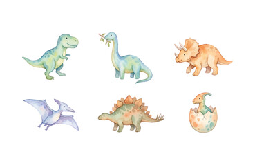 Watercolor dinosaur icons set, cute clean prehistoric animal illustrations on white background © Dwi