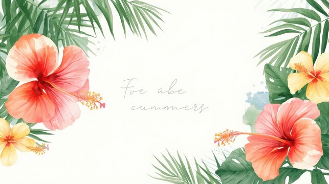 Beautiful hibiscus flowers with green palm leaves in a tropical floral border frame