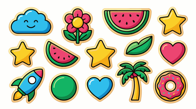 Colorful cartoon stickers featuring smiling cloud flower watermelon stars rocket and tropical symbols