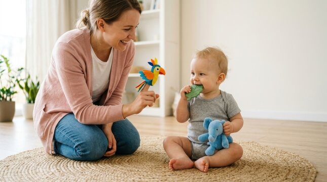 Mother and baby interacting with colorful toys and plush elephant on a rug indoors