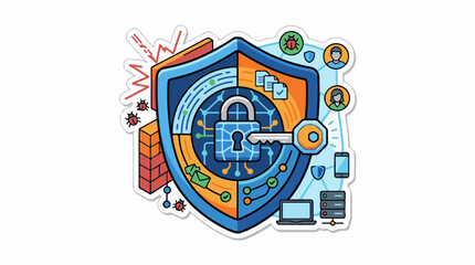 Fototapeta premium A colorful shield with a lock and key surrounded by various computer icons and bugs