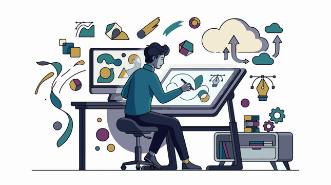 Graphic designer creating digital artwork on computer and drawing tablet