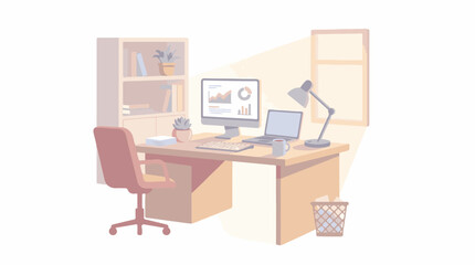 Fototapeta premium A pink office desk with computer and chair