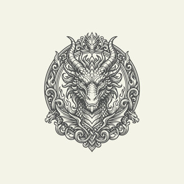 Vintage Dragon Head Engraving with Majestic and Ornamental Swirl Frame