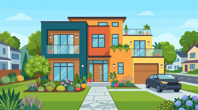 Modern Two Story Orange and Blue House.
