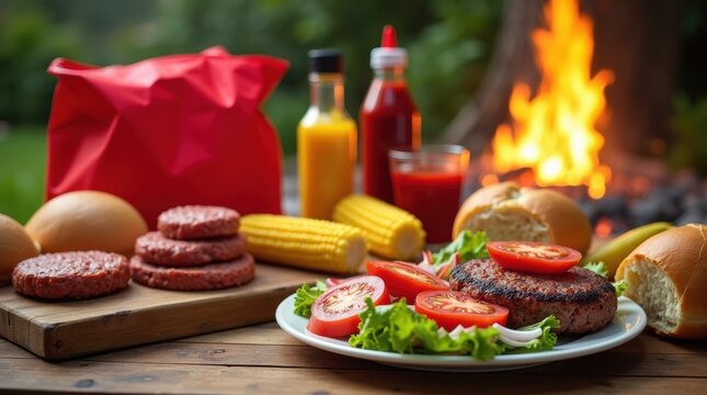 Outdoor picnic, summer BBQ, grilled burgers, outdoor dining, backyard cooking