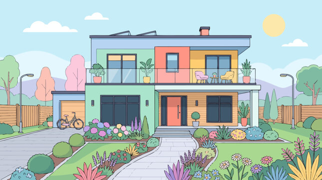 Modern Two Story Residential House Exterior.