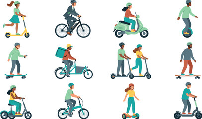 Personal Transportation Vector Illustration Featuring Electric Scooter, Bicycle, Skateboard, Hoverboard, Motor Scooter, and Unicycle © Abdur