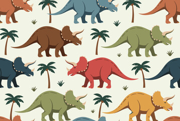 Obraz premium Seamless kids pattern featuring colorful triceratops dinosaurs and green palm trees on a light background.