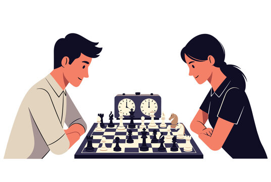Intelligent young man and woman playing a tense chess match with a classic game clock on a clean white background.