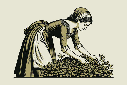 Classic vintage style illustration of a peasant woman wearing an apron harvesting tea leaves in a green field.