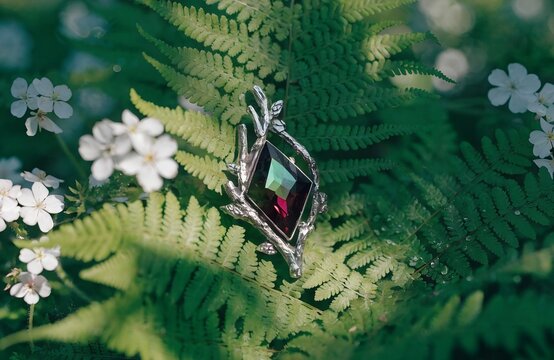 A kite shaped Russian alexandrite pendant set in a handcrafted twig and leaf sterling silver setting the stone color shifting from mossy green to cranberry red resting on a bed of fresh green ferns 