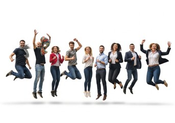 Fototapeta premium Diverse group of happy young adults jumping, celebrating success, teamwork, and friendship