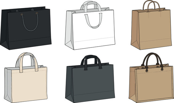 Realistic Paper Shopping Bags and Reusable Craft Tote Sacks Vector Icon Set Mockup Template for Retail Store Branding Commercial Product Packaging Designs