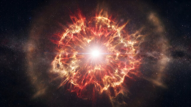 A massive supernova explosion occurring in deep space with bright light and glowing cosmic gas.