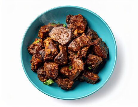 Bihari Mutton Taas Fry In Aqua Light Blue Bowl Isolated On White Background