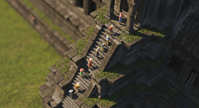 Tiny tourists climbing ancient stone temple stairs tilt shift miniature