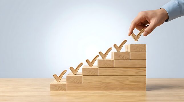 Hand placing wooden checkmark on ascending stair blocks, symbolizing successful progress, achievement, and completion of tasks.