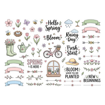 Spring blossom bullet journal doodle sticker sheet vector, cute planner stickers collection with pastel flowers and ribbons, printable elements set on white background