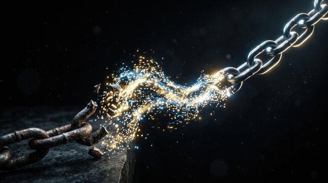 A heavy, rusted chain is violently breaking apart against a stone edge. Sparks and fragments of the chain explode outwards in a burst of blue and gold light.
