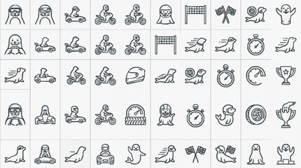 Fototapeta premium Industrial Minimalist Line Icons Set Showcasing Various Sports Vehicles and Animals in Monochrome