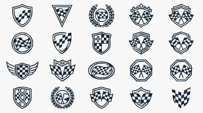 Elegant Monochromatic Racing and Checkered Flag Emblem Collection with Various Shield and Crest Designs