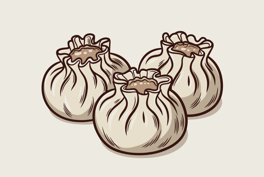 Group of three freshly steamed dim sum or gyoza dumplings shown close up as an illustration on a light cream background.