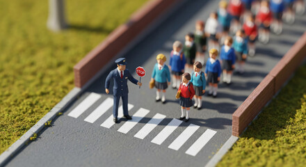 Obraz premium Miniature Crossing Guard Holding Stop Sign for School Children