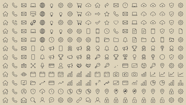 Universal minimalist web UI design mega set of business marketing communication data finance and interface thin outline icons vector illustration