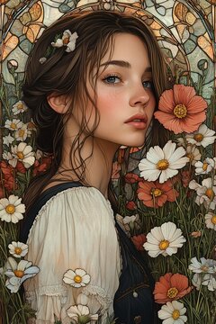 Young Woman Surrounded by Wildflowers in Art Nouveau Illustration