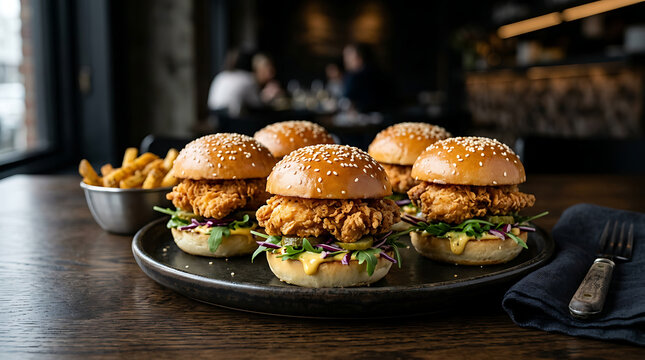 Crispy fried chicken sandwiches with french fries on a restaurant table