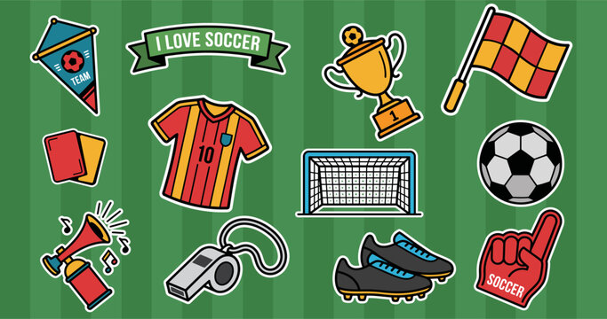 Soccer icons and symbols on a green striped background, soccer clipart