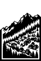Fototapeta premium Black and white silhouette illustration of a mountain village with pine trees and peaks