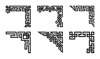 Fototapeta premium Ornate Corner Borders Vector Set, Decorative Geometric Frames, Traditional Ethnic Ornaments, Classic Page Embellishments, Black and White Design Elements