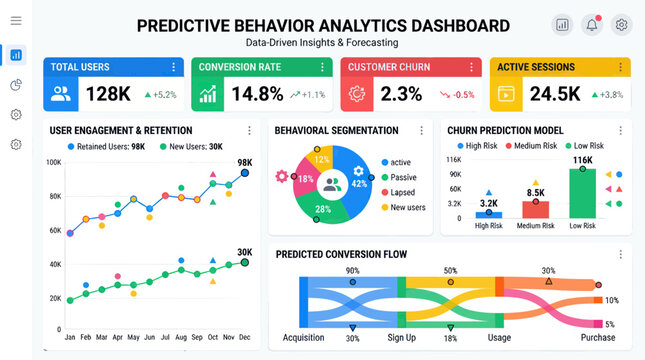 Predictive Behavior Analytics Dashboard: Data Insights, Forecasting, KPIs, Charts