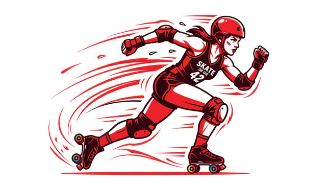 Roller Derby Athlete Woman Speeding in Action, Dynamic Illustration