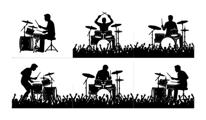 Fototapeta premium Drummer Silhouettes Collection, Rock Concert Crowd, Musician Performance Vector Set, Dynamic Beat Performance Graphics