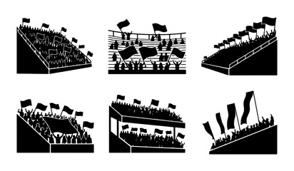 Sports Stadium Crowd Silhouettes, Spectator Stands with Flags and Fans, Event Audience Vector Icons © AllDesign