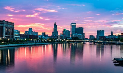 Fototapeta premium Providence Skyline Reflections At Colorful Blue Hour
