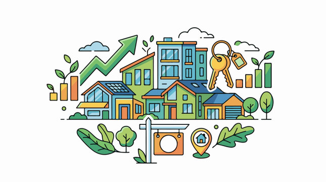Colorful illustration of houses trees and growth symbols with a green arrow