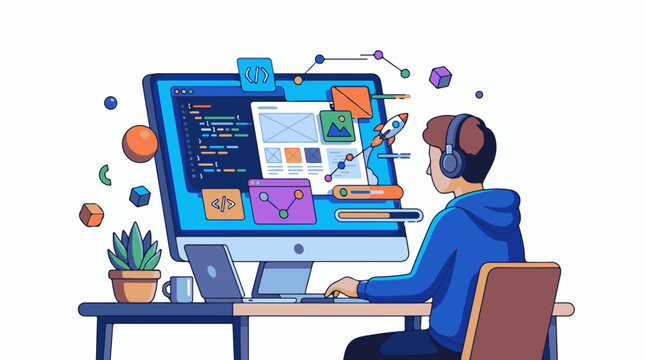 A cartoon man in a blue hoodie works on a laptop while sitting at a desk with a large computer monitor displaying variou