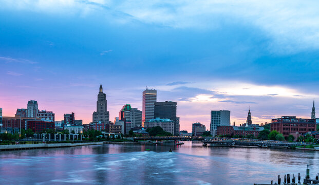 Providence Skyline Reflections At Colorful Blue Hour