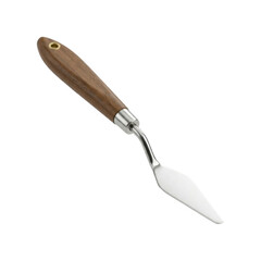 Obraz premium An artist's palette knife featuring a smooth wooden handle and a flexible, curved metal blade. This tool is isolated on a transparent background, ideal for art and craft applications.