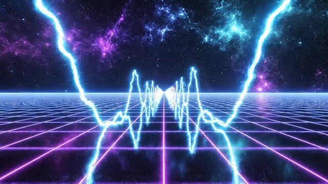 Abstract glowing digital grid with light pulses on cyberpunk neon horizon futuristic seamless loop
