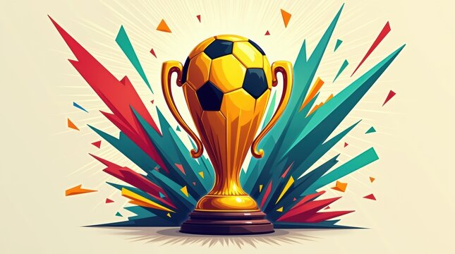 Championship soccer trophy, golden award cup, football victory prize, sports illustration