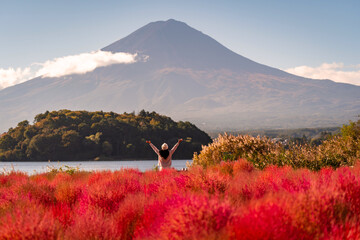 Fototapeta premium Joyful tourist woman in a vibrant red kochia field enjoying the scenic landscape of Mount Fuji and Lake Kawaguchiko, Japan
