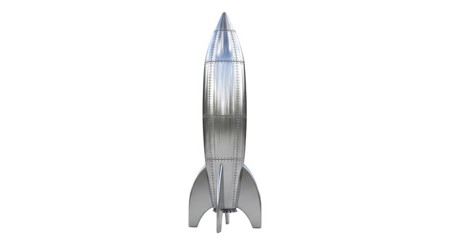 Sleek 3D rendered silver rocket poised for launch, symbolizing innovation, startup success, and rapid technological advancement on a clean background