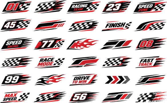 Collection of thirty racing decals and speed with checkered flags, flames, and numbers for vehicle