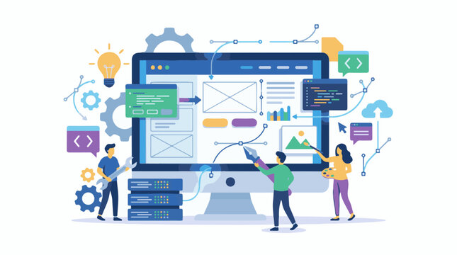 Illustration of people working on a large computer with various coding and design elements